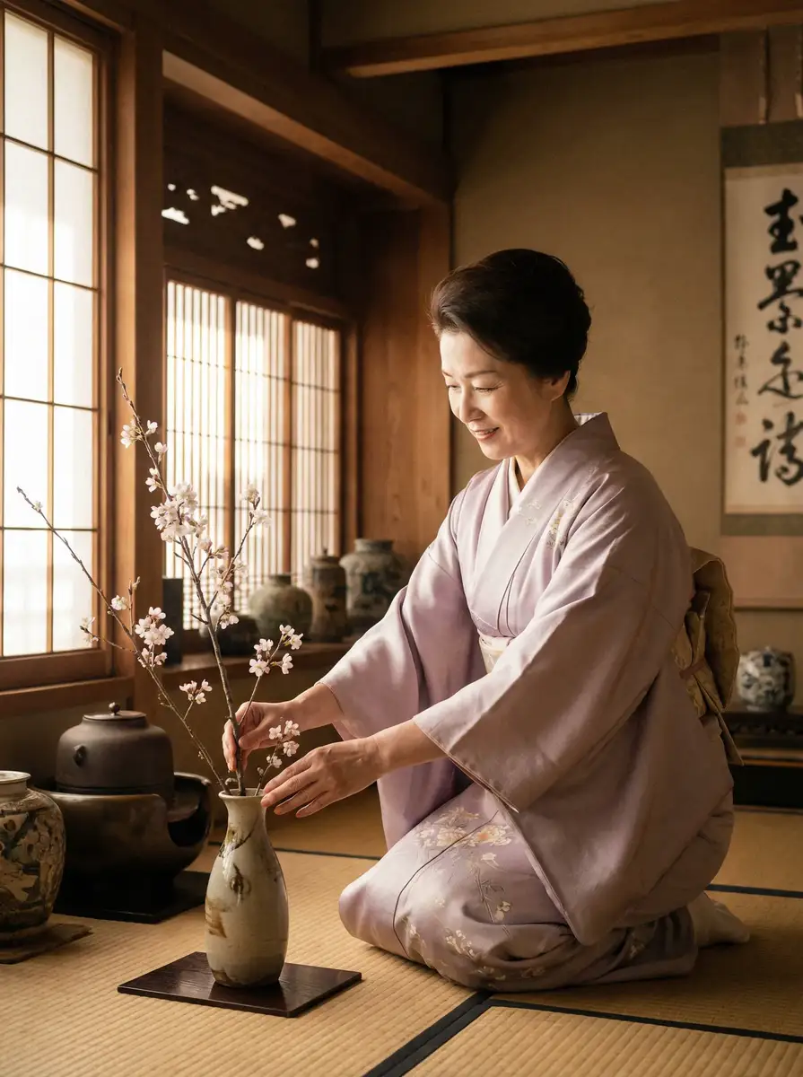 一位优雅的 博业体育平台平台 在和室中插花